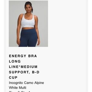 Lululemon energy long line bra B-D cup size 6